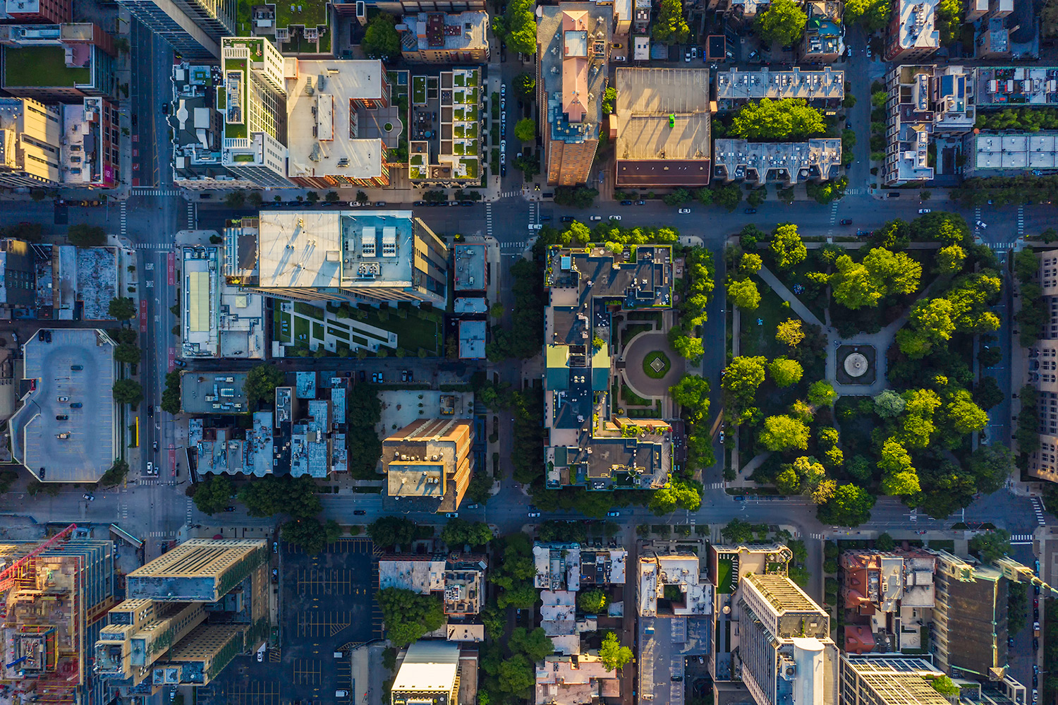 Top down view of city streets and buildings